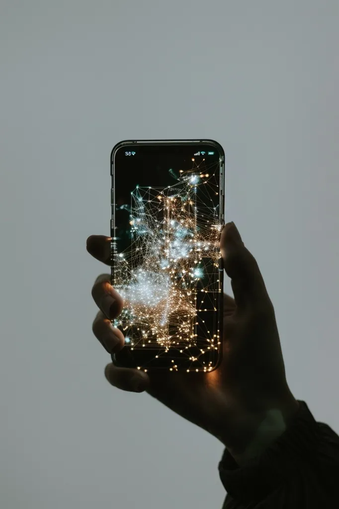 A person's hand holds a smartphone, which is lit up with a glowing, abstract pattern of lines and dots. The phone screen displays a network of interconnected points, possibly representing the internet or social media connections. The image evokes a sense of technology, connectivity, and the digital age.  The background is a simple, neutral gray.