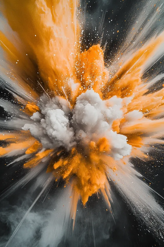 A burst of orange and white powder explodes against a dark background, creating a mesmerizing cloud of color and texture. The explosion is captured in mid-air, showcasing the dynamic energy of the event. The swirling plumes of powder create a sense of chaos and movement, while the contrasting colors highlight the beauty of the moment.