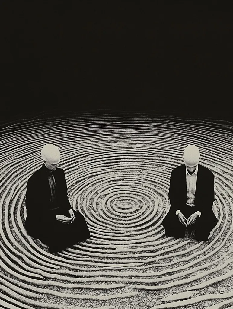 Two figures, dressed in suits and with their heads shaved, sit facing each other in a contemplative pose on a field of concentric circles. The composition is stark and minimalist, with a focus on the geometric patterns and the figures' solitary postures. The black and white aesthetic further emphasizes the sense of mystery and contemplation. The image evokes a sense of stillness, isolation, and perhaps, the search for meaning.