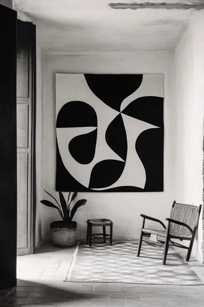 A black and white photo of a room with a minimalist design. A large black and white abstract tapestry hangs on the wall, with a potted plant and a chair in the foreground. The floor is tiled, and the room has a simple, clean feel. The light is soft, creating a sense of calm and peace. The overall effect is one of tranquility and modern simplicity.