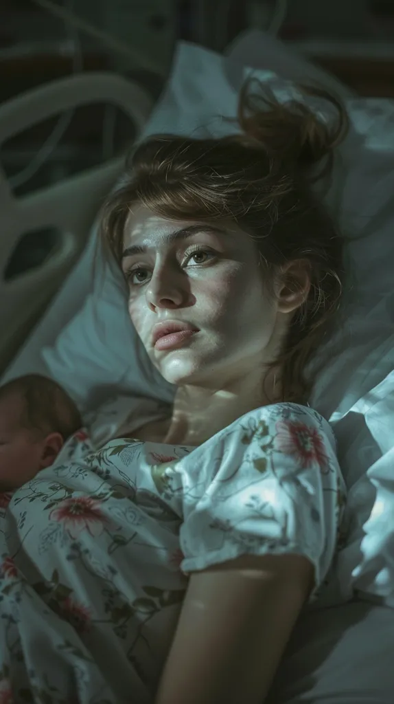A young woman lies in a hospital bed, wearing a white floral gown.  Her hair is pulled back and she appears tired, looking off to the side. A small baby, partially obscured, is nestled beside her, suggesting she has just given birth. The image evokes feelings of exhaustion and new beginnings.