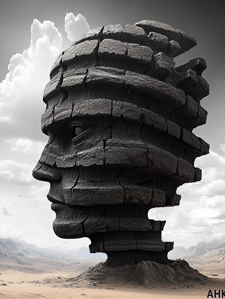 A large, weathered stone sculpture of a human face stands in a desolate desert landscape. The sculpture is formed from stacked layers of rock, creating a sense of age and erosion. The face looks out towards a horizon of distant hills and a cloudy sky. The image evokes a sense of solitude, mystery, and the passage of time.