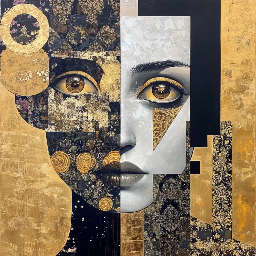 The painting is a close-up portrait of a woman's face, rendered in a fragmented, abstract style. The image is made up of a patchwork of different textures and colors, primarily black, gold, and white. The woman's eyes are prominent, with large, dark pupils and gold irises, and her lips are slightly parted, hinting at a hint of mystery. The fragmented nature of the image suggests the woman's inner complexity and the multiplicity of her being. The gold and black hues create a sense of luxury and intrigue.