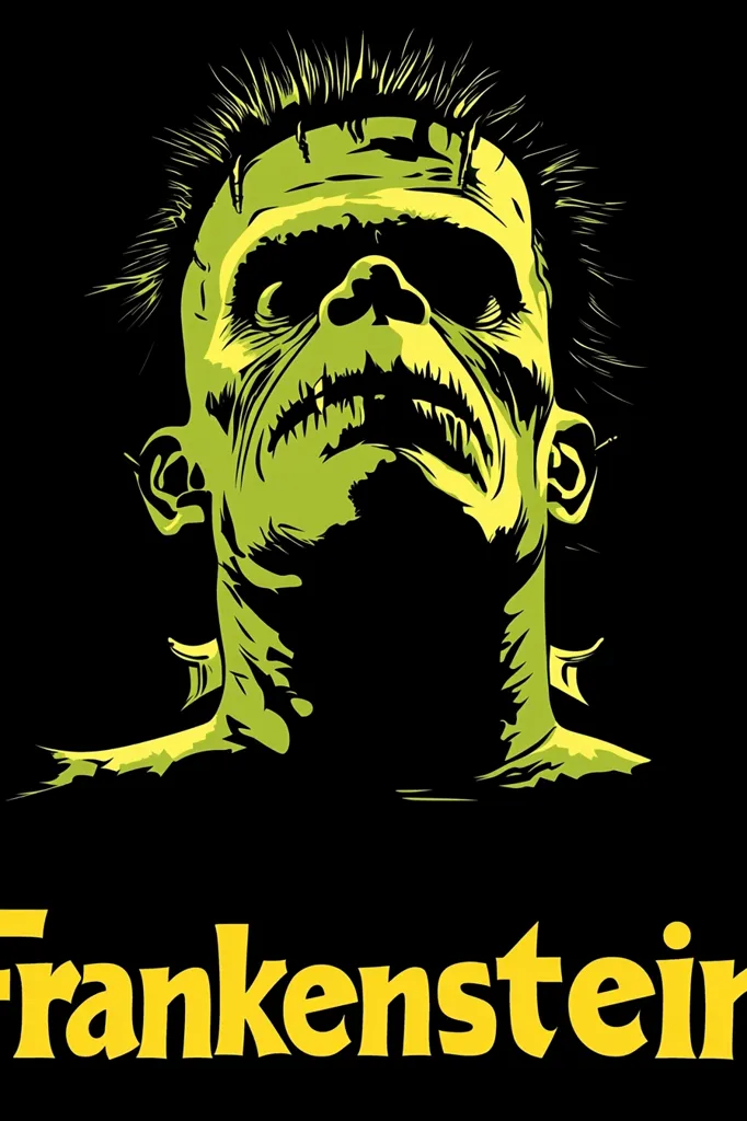 The image is a silhouette of Frankenstein's monster. The monster is facing upwards with his mouth slightly open. The monster is green and is set against a black background. Below the monster, the word 'Frankenstein' is written in yellow letters. The image is likely a representation of the famous horror story character.