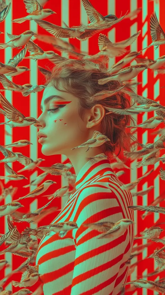 A woman with dark hair and dramatic eye makeup wears a red and white striped sweater.  She stands in front of a background of red and white stripes, surrounded by dozens of flying birds.  The birds appear to be a part of the background, creating a surreal and vibrant scene. The woman's face is a mix of serene and intense, and she stares directly at the camera. The image is a playful mix of color, patterns, and textures.