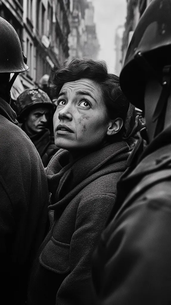 A young woman, wearing a thick coat, stands in a crowd of people. Her eyes are wide and her expression is one of wonder and perhaps fear. The scene is captured in black and white, creating a sense of timelessness and mystery. The focus is on the woman's face, which is illuminated by a soft light. The background is out of focus, suggesting a sense of anonymity and movement. The image is both intimate and evocative.