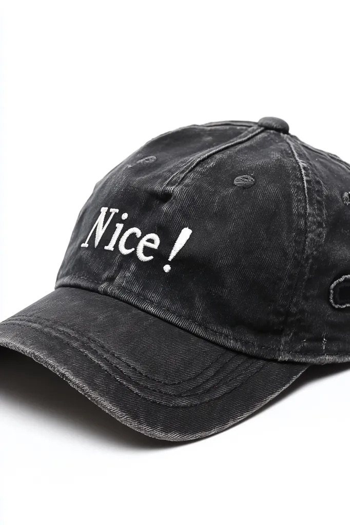 The image shows a black, distressed baseball cap with a white embroidered \