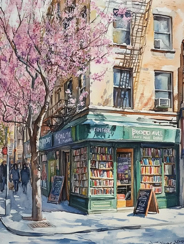 The watercolor painting depicts a quaint bookstore on a city street corner. A large cherry blossom tree, in full bloom, frames the scene, casting delicate pink petals over the building. The bookstore, with its green awning and large windows filled with books, has a warm and inviting atmosphere.  The sidewalk is empty except for a few pedestrians walking by, suggesting a quiet moment in the bustling city.  The painting captures the beauty of urban life and the simple pleasures of reading.