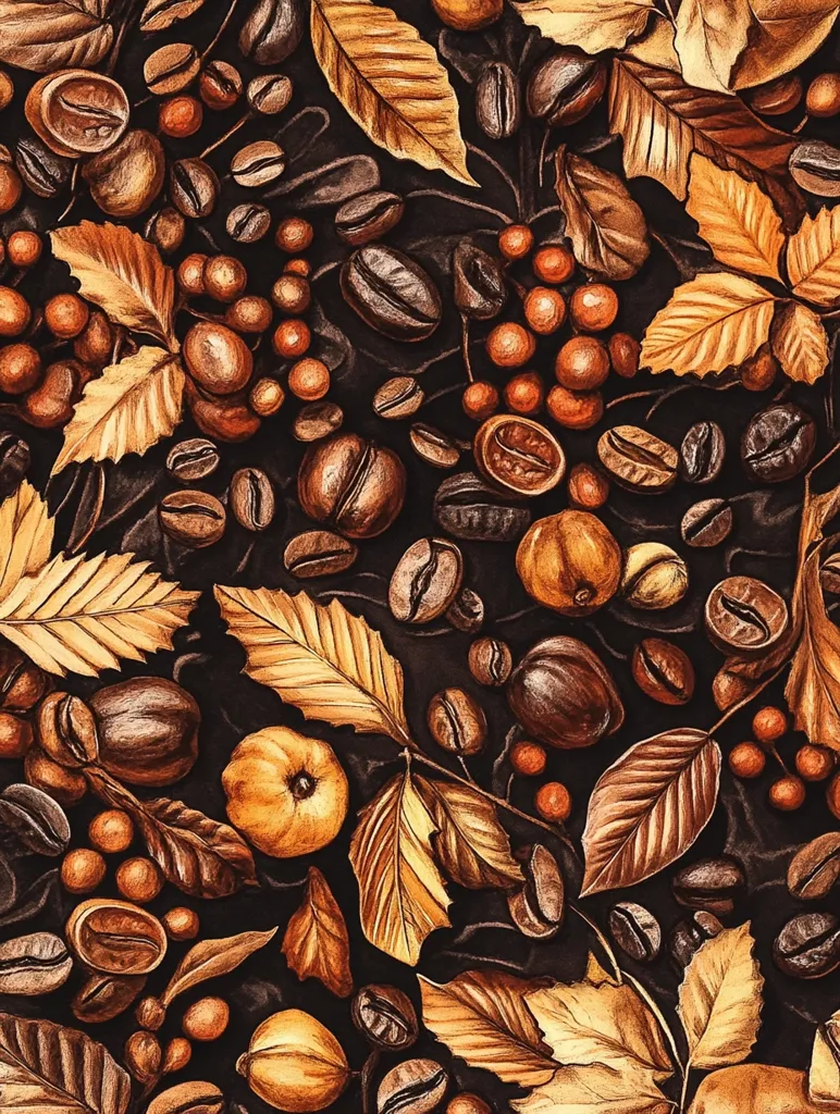 The image features a close-up of a pattern of coffee beans, leaves, and other natural elements. The brown and gold tones create a warm, autumnal feel. The leaves are intricately drawn, and the coffee beans have a rich, textured appearance. The arrangement of the elements is visually appealing and suggests a sense of abundance and nature's bounty.  The image is likely drawn in a realistic style, capturing the details of the natural objects.  The background is a dark brown, providing a neutral canvas for the colorful elements.