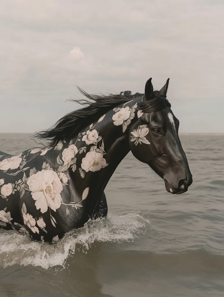 A black horse with a floral pattern on its coat walks through the water. The horse's mane is flowing in the wind and its head is turned to the side. The water is calm and the sky is overcast. The image evokes a sense of peace and tranquility.