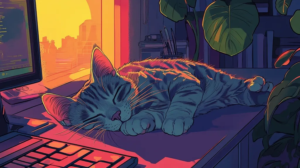 The image shows a cat sleeping on a desk in front of a computer screen. The cat is a tabby with white paws, and its head is resting on a keyboard. The room is lit by a sunset coming through the window, casting a warm glow on the scene. There is a plant in the background with large leaves. The scene is rendered in a stylized, vibrant aesthetic.