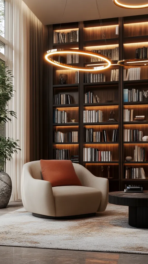 A modern living room with a large bookshelf filled with books, illuminated by warm lighting. An armchair sits on a patterned rug, inviting relaxation.  The room's design emphasizes comfort and elegance, creating a sophisticated reading nook. The large window provides natural light, while the contemporary furniture and lighting create a warm and inviting ambiance.