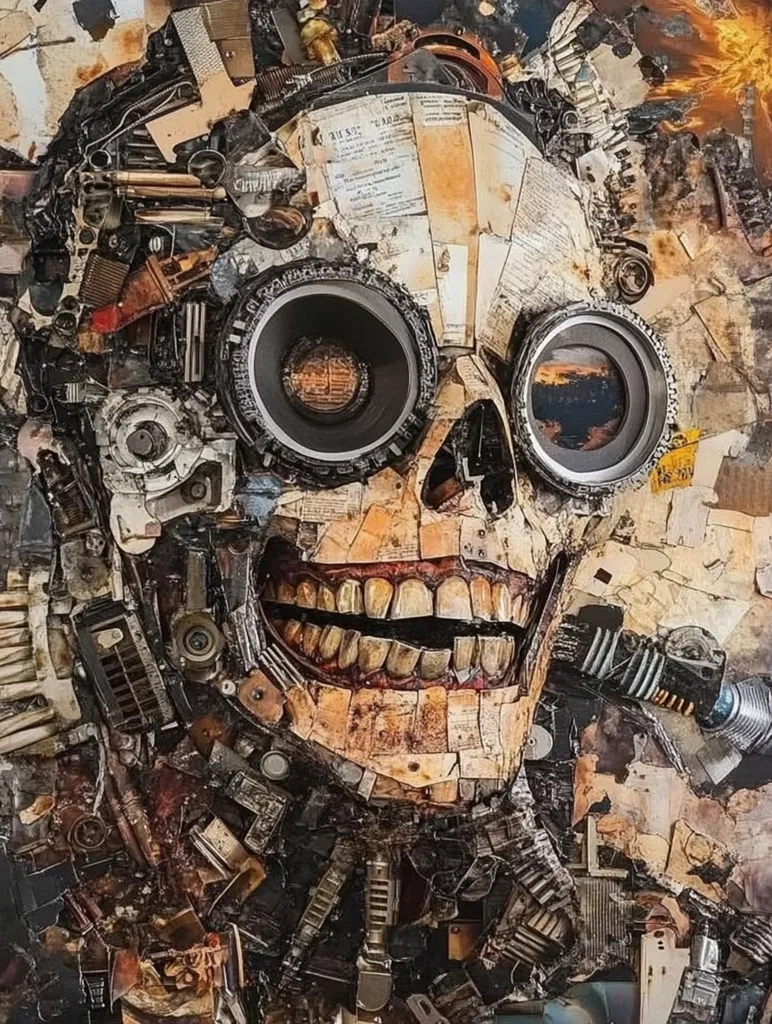 The image is a collage artwork depicting a skull with a wide, toothy grin. The skull is constructed entirely from various pieces of scrap metal, gears, and other mechanical parts, giving it a rusty, industrial aesthetic. The skull is wearing goggles made of round, metal lenses. The artwork has a dark and ominous feel, perhaps representing the danger of technology or the inevitability of death.