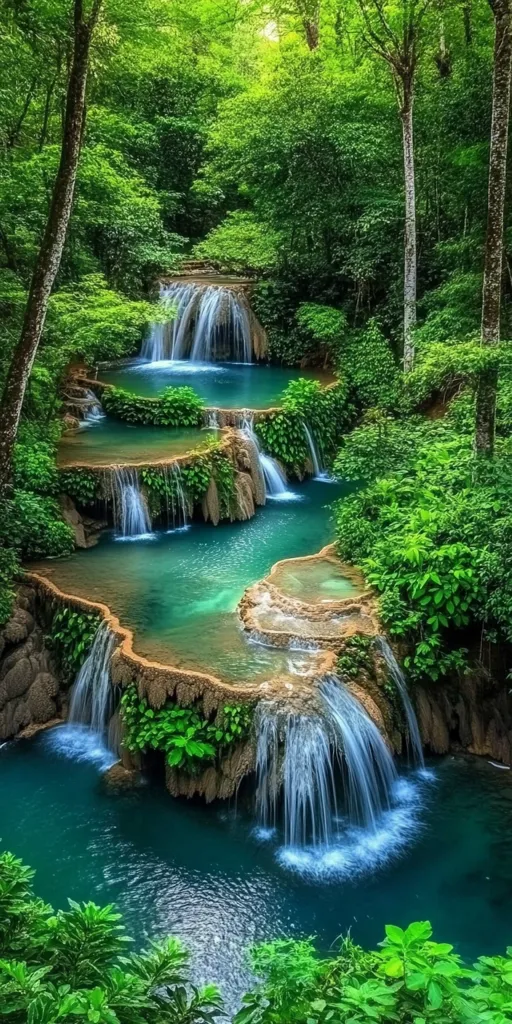A cascading waterfall flows through a lush green forest. The water is crystal clear, and the surrounding foliage is vibrant and verdant. The sun peeks through the trees, illuminating the scene with a warm glow. The waterfall creates a serene and tranquil atmosphere, inviting viewers to relax and enjoy the beauty of nature.