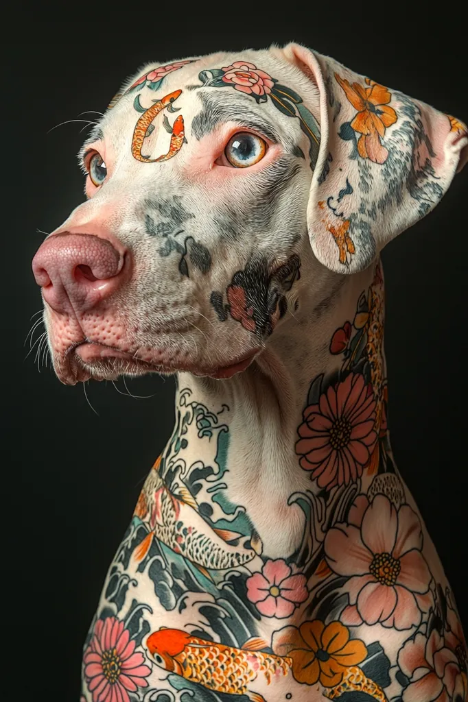 A white dog with a shaved head is covered in colorful tattoos. The tattoos are a mix of flowers, fish, and waves. The dog is looking to the left, and its eyes are a bright blue. The background is black.