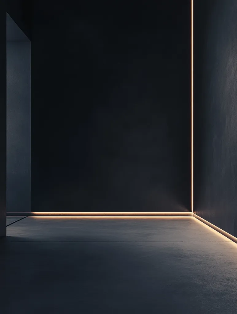 The image shows a dark room with a single light source, illuminating the floor and the edges of the walls. The light creates a warm glow and casts shadows. The room has a minimalist aesthetic, with no visible furniture or other objects. It is an empty space, suggesting potential for something more.