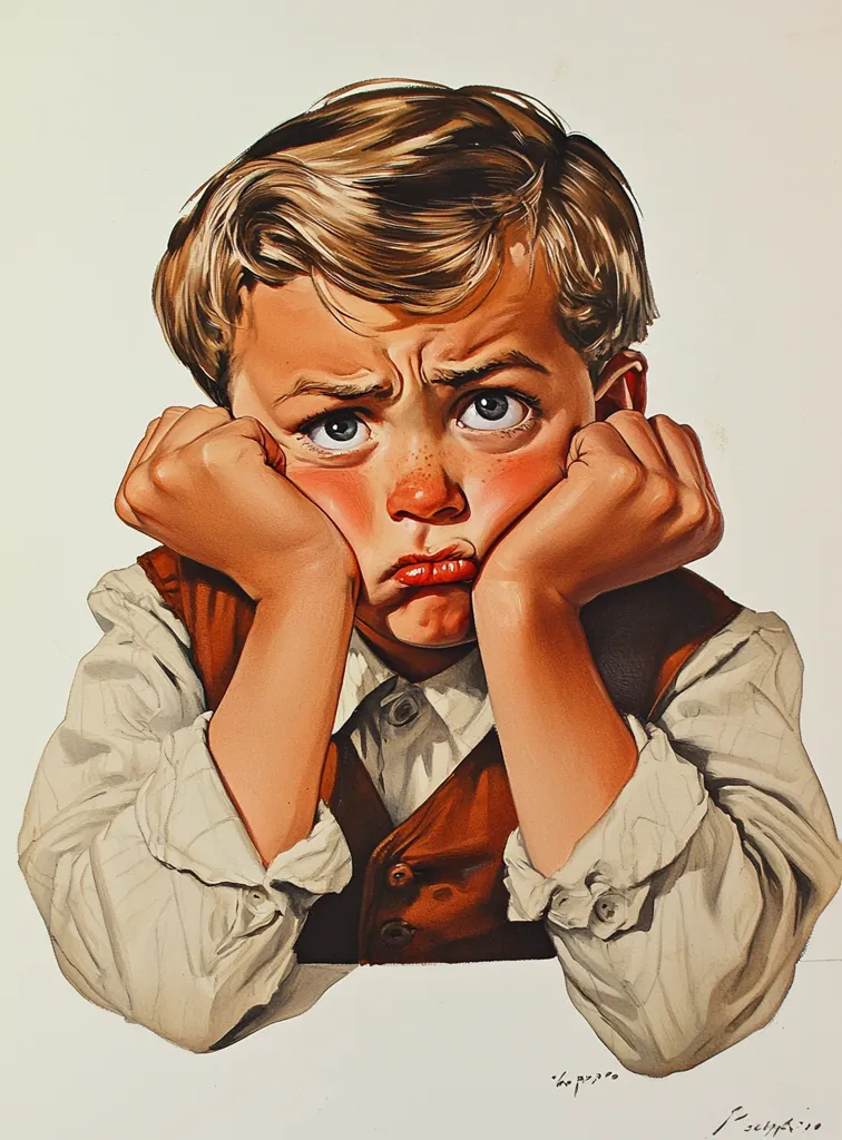 A young boy with blonde hair and a furrowed brow is depicted in a realistic painting. He is wearing a white shirt with a brown vest and has his arms crossed in front of him, resting his head on his hands. His expression is one of boredom or frustration, conveyed by his droopy eyelids and slightly downturned mouth. The light in the painting highlights his features and creates a sense of realism.