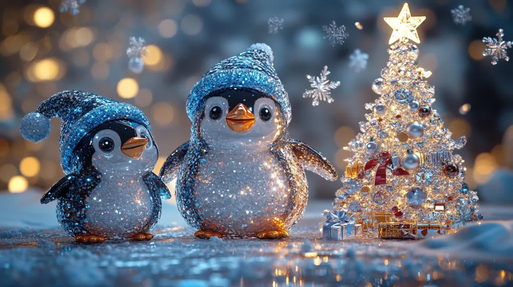 Two penguins, adorned with sparkly blue hats, stand in front of a glittering Christmas tree. The tree is decorated with ornaments, lights, and presents, creating a magical winter scene. The penguins have bright eyes, adding a touch of playfulness to the image. The background is a soft blur of blue and white, suggestive of a snowy winter landscape.  The overall effect is one of festive cheer and holiday magic.