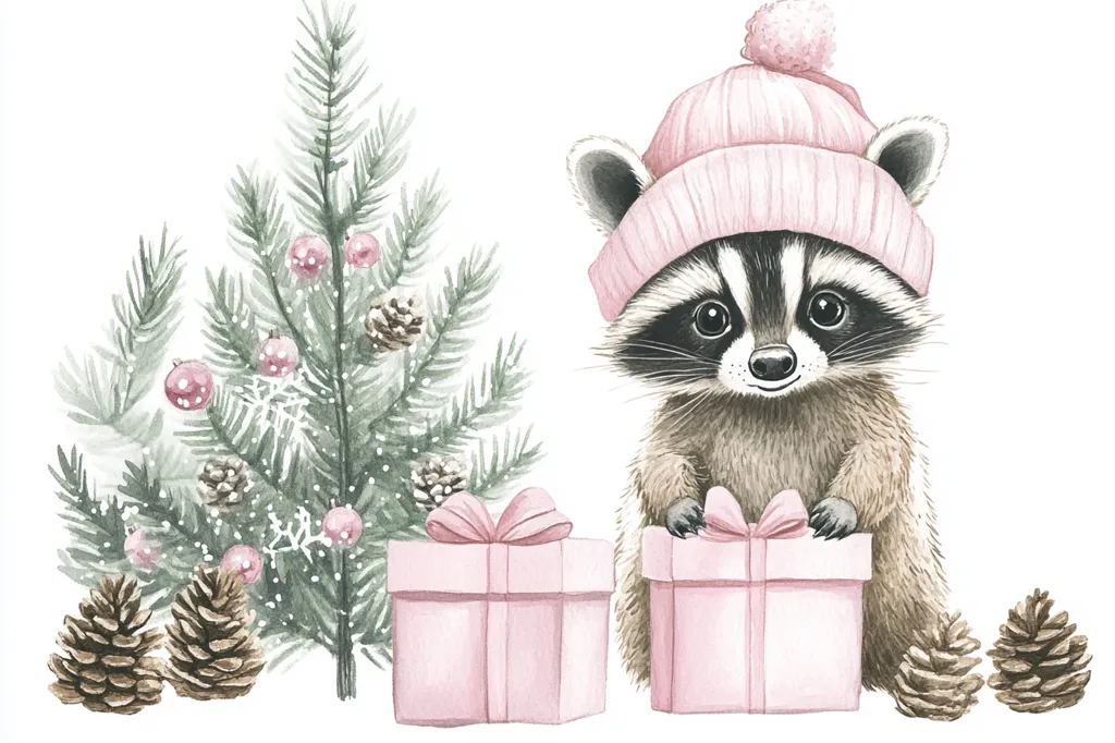A cute raccoon wearing a pink hat stands next to a Christmas tree. The raccoon is holding two pink presents. The scene is painted in watercolor and has a whimsical, festive feel. The raccoon's sweet expression and the soft colors create a charming winter wonderland.