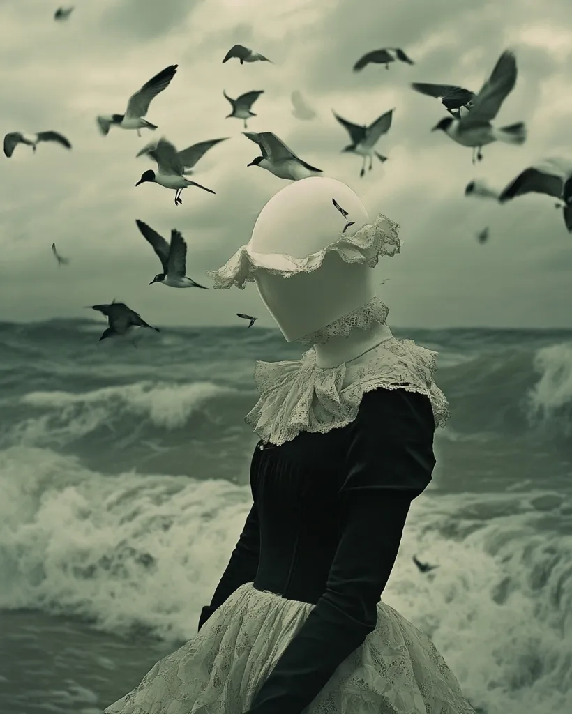A faceless figure, dressed in a black and white gown, stands against a stormy sea. The figure's head is obscured by a white, helmet-like object with a delicate lace trim. The backdrop features a dark sky with numerous seagulls in flight, creating a dramatic and mysterious atmosphere. The image evokes a sense of solitude and the unknown.