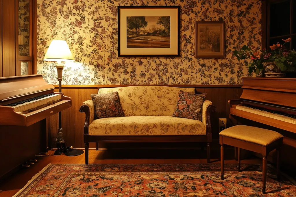 The image shows a cozy living room with floral wallpaper, a floral patterned sofa, and a piano. A lamp stands next to the piano, illuminating the room. The room has a warm and inviting atmosphere, with a patterned rug on the floor and a framed picture on the wall.  The couch has two pillows and the piano has a bench next to it. The room is decorated with classic wooden furniture.  The image captures a sense of tranquility and comfort.