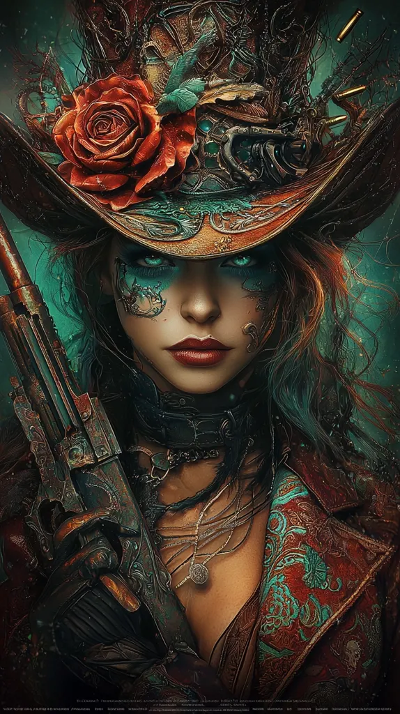 The image portrays a woman with a fierce expression, her green eyes piercing the viewer. She wears a large, ornate hat adorned with a red rose and intricate metalwork. A large, antique firearm is held close, suggesting a sense of danger and power. Her clothing is a mixture of leather and fabric, decorated with intricate patterns and embellishments. The background is a blur of green and brown, creating a sense of mystery and intrigue. The overall tone is one of strength, independence, and a hint of rebellion.