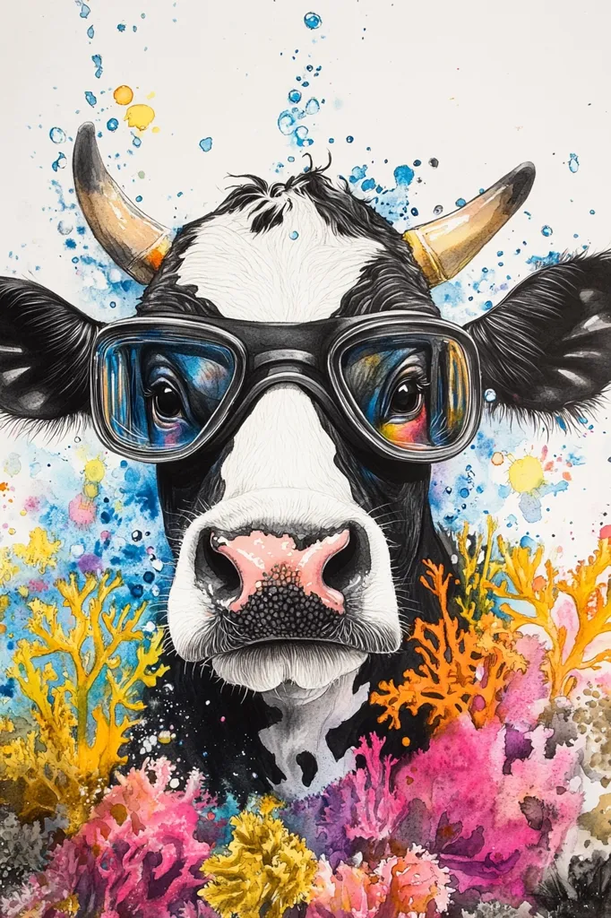 A black and white cow with a pink nose wears diving goggles and stares directly at the viewer. The cow is surrounded by colorful coral and bubbles, creating a whimsical underwater scene. The painting is done in a watercolor style, capturing the texture and movement of the water and coral.  The cow's expression is curious and playful, suggesting an adventurous spirit.