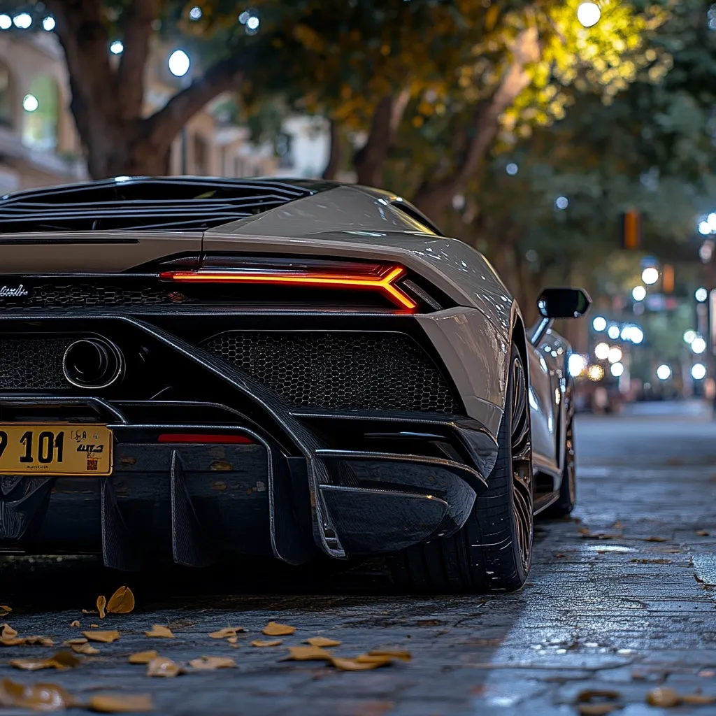 The rear end of a white Lamborghini Huracan is parked on a street at night. The car has a black rear diffuser and black wheels. The taillights are lit up and there is a license plate with Arabic characters.  The street is paved with bricks and there are some fallen leaves in the foreground.  There are trees and street lights in the background.