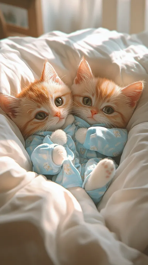 Two adorable orange tabby kittens, wearing matching light blue pajamas with white polka dots, are snuggled together on a white bed. They are looking at the camera with big, curious eyes. The soft bed linens and warm light create a cozy and loving atmosphere.  The kittens appear to be siblings or best friends.