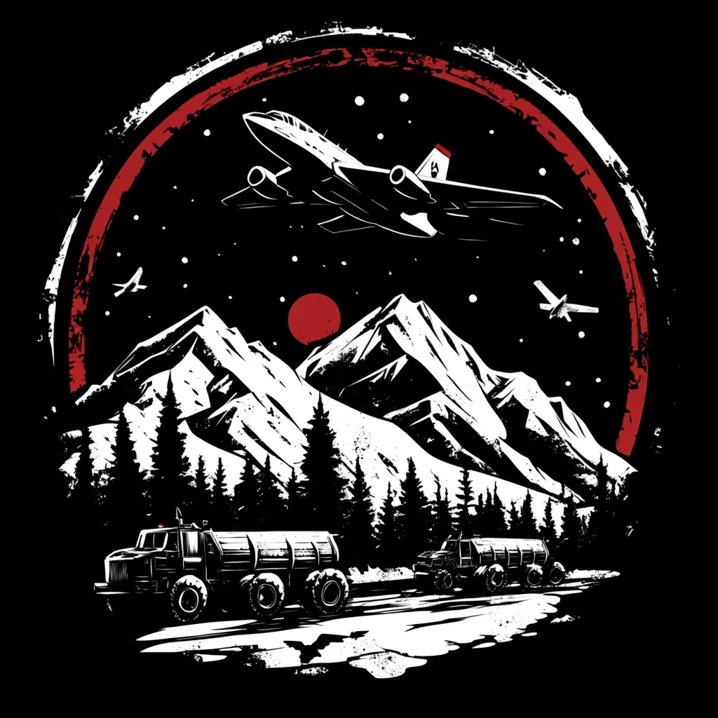 A white airplane flies over a mountain range against a dark starry sky with a red moon in the distance. Two trucks drive on the snowy ground below, surrounded by trees. The image has a gritty, vintage feel.