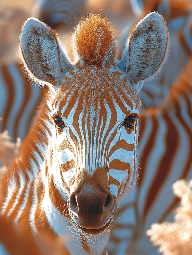 A close-up of a rare golden zebra, with its distinctive white and orange stripes. The zebra's soft, brown nose and big, innocent eyes are in focus, while the background blurs out the other zebras. The image captures the unique beauty of this endangered species.