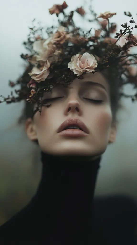 A woman with her eyes closed wears a crown of delicate, pale pink flowers and dried foliage. Her face is soft and serene, her lips slightly parted. She is dressed in black, creating a contrast with the soft floral tones. The image has a dreamy, ethereal quality.