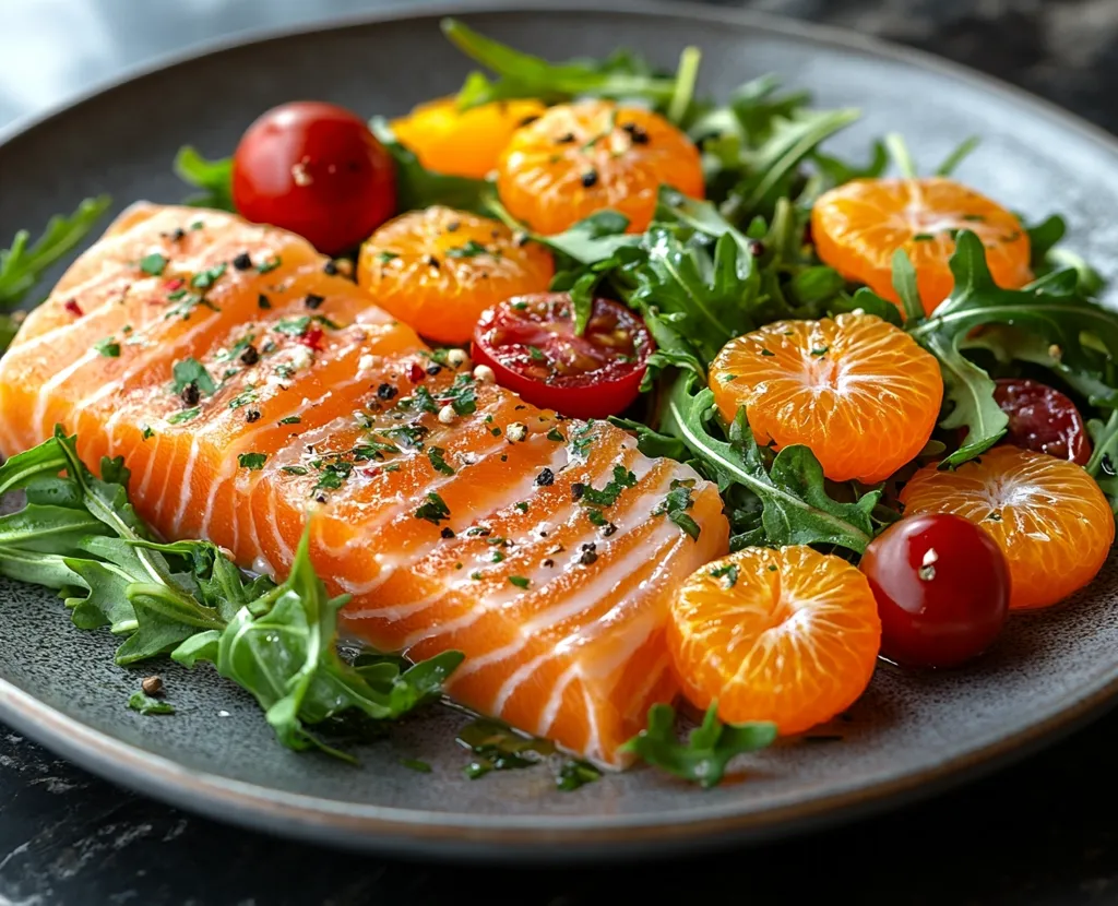 A close-up shot of a vibrant salad with fresh salmon, mandarin oranges, cherry tomatoes, and arugula, all arranged artfully on a grey plate. The salmon is sliced thinly, highlighting its delicate texture, and the citrus fruits add a pop of color. The salad is seasoned with black pepper, giving it a touch of spiciness. The overall image exudes freshness and healthiness.
