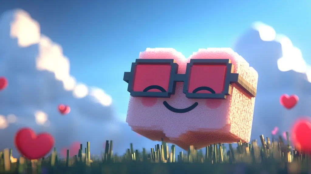 A pink, pixelated character with a happy face and sunglasses is standing in tall grass. Several red heart-shaped objects are floating in the air around the character. The background is a blue sky with white clouds. The image has a whimsical and playful feel.