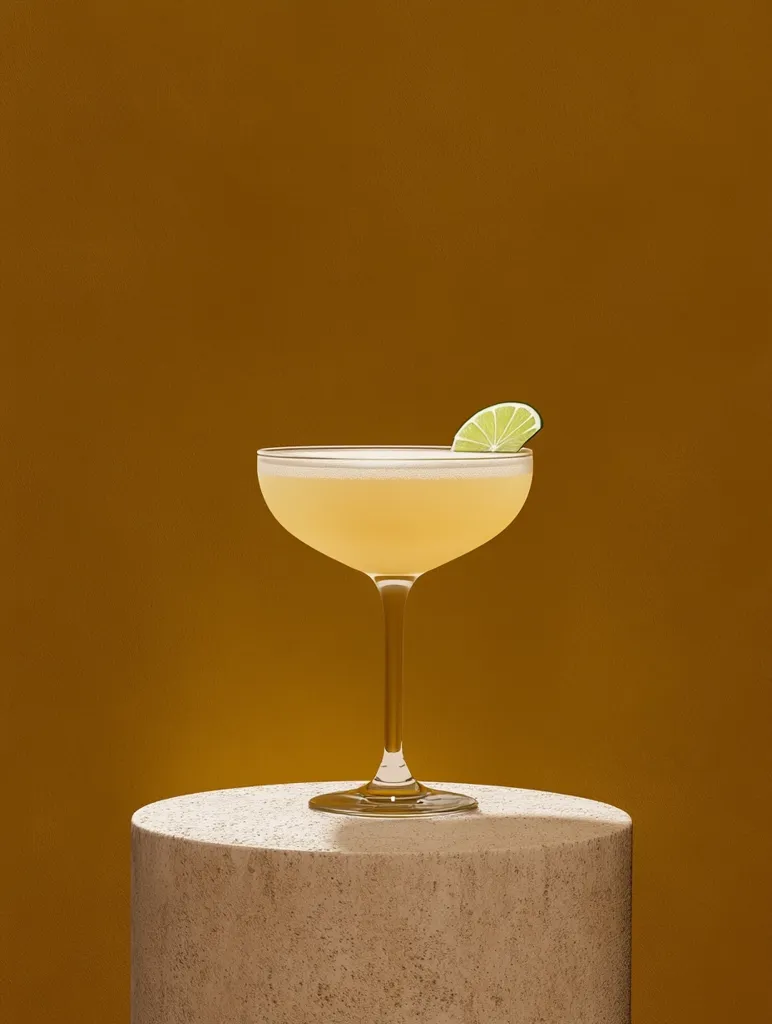 A coupe glass filled with a pale yellow cocktail sits on a textured, circular pedestal. A lime wedge rests on the rim of the glass. The background is a solid, muted yellow. The image has a minimalist aesthetic and is likely intended to showcase the cocktail.