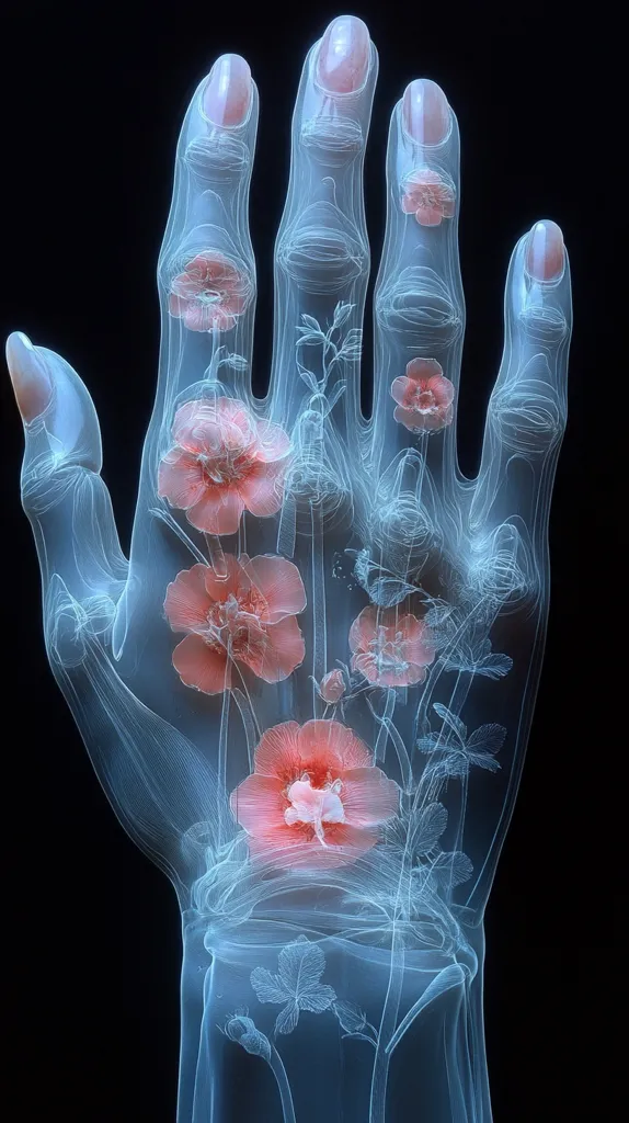 A translucent hand with visible bones and veins is shown against a black background. Several pink flowers are blooming inside the hand, with stems and leaves extending throughout the fingers and wrist. The image creates a surreal and ethereal feel, suggesting a merging of nature and human anatomy.