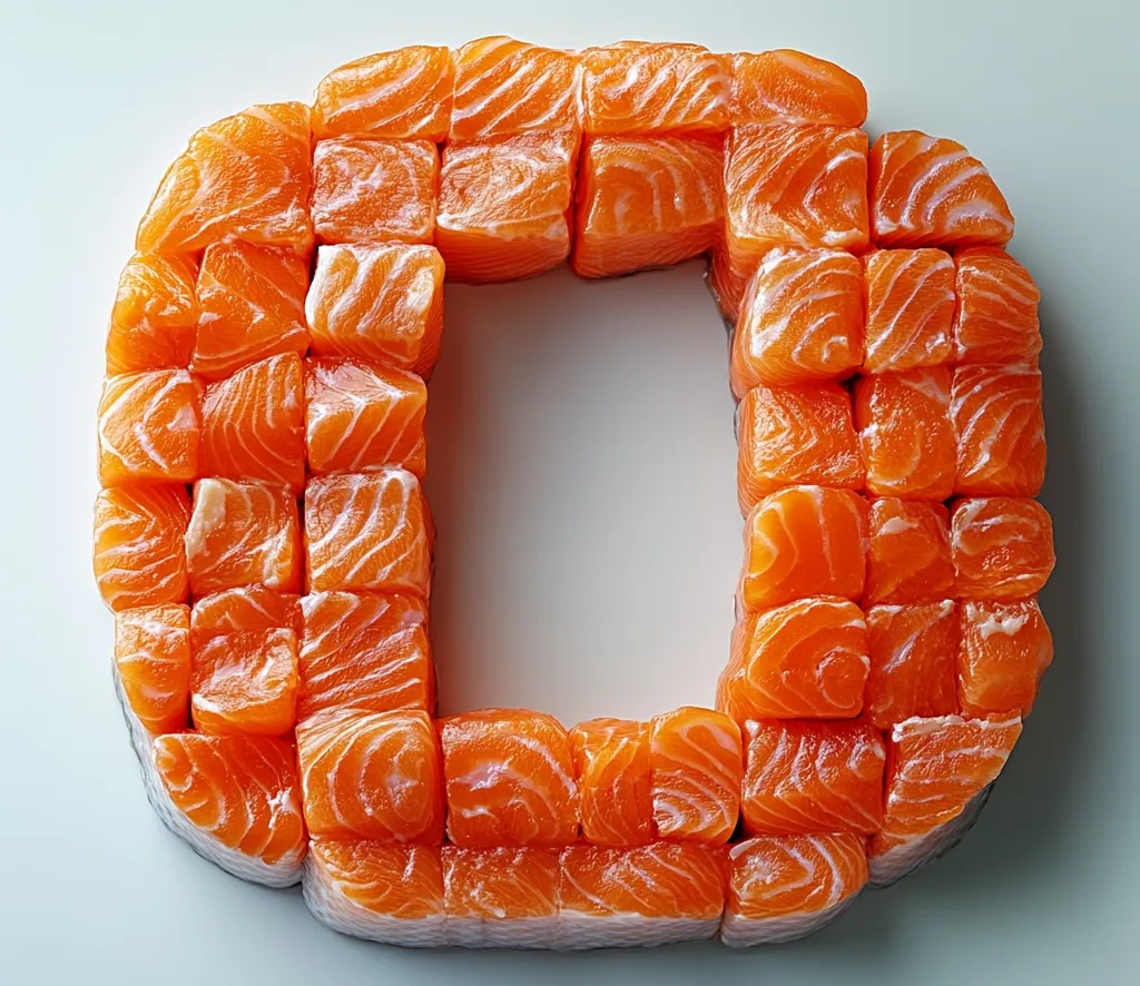 A large letter "O" is crafted out of pieces of salmon. The salmon is arranged in a grid pattern, creating a three-dimensional shape. The letter "O" is perfectly formed, and the salmon is bright orange and looks fresh. The background is a plain white surface.  The image is likely an artistic or food-related composition.