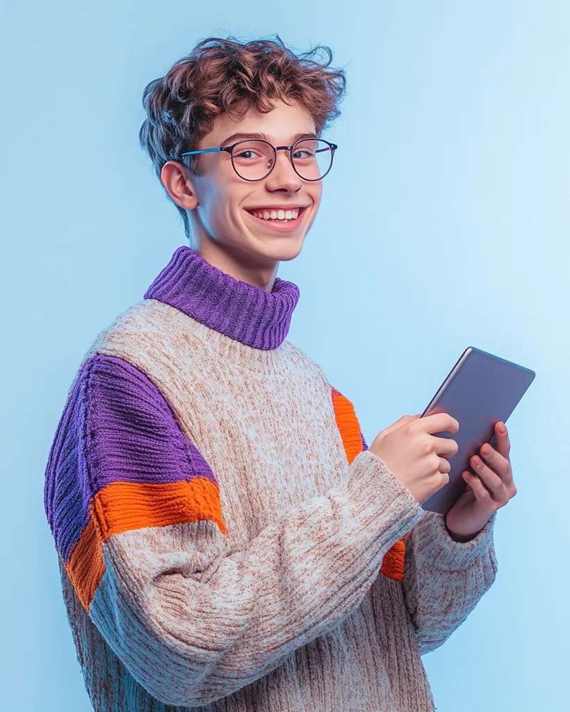 A young man with curly brown hair is wearing round glasses and a colorful knitted sweater. He is smiling and holding a tablet in his hands. He is standing against a light blue background.