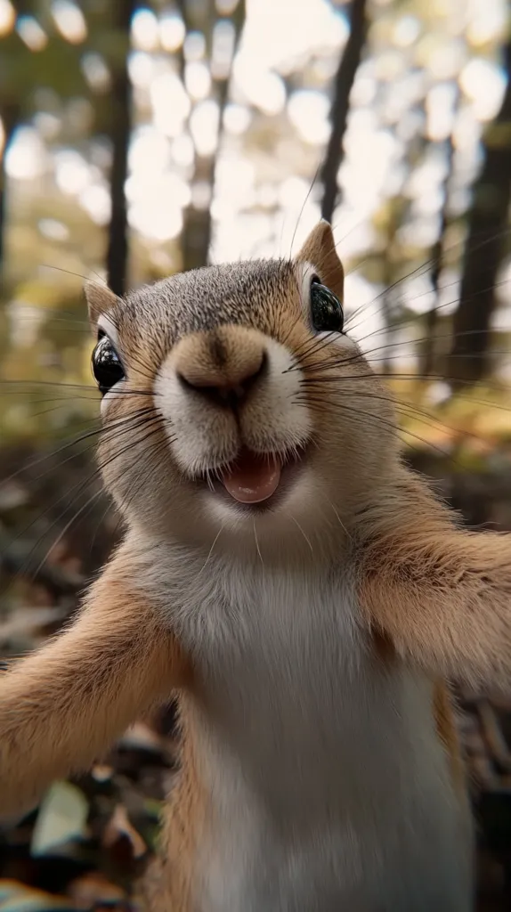 A close-up of a squirrel's face. The squirrel is looking directly at the camera with a wide, toothy grin. Its fur is a mix of brown and white, and its whiskers are long and prominent. The background is out of focus, but it appears to be a forest setting. The squirrel's expression is playful and joyful.
