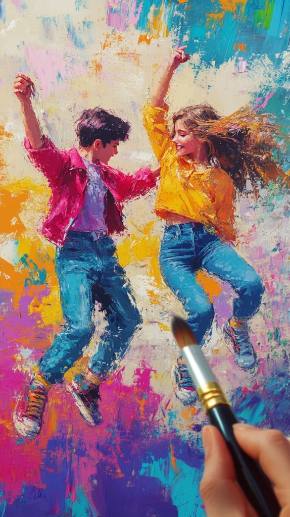 A painting in progress depicts two young people, a boy and a girl, jumping in the air with their arms raised. The boy is wearing a pink jacket and blue jeans, while the girl is wearing a yellow shirt and blue jeans. The painting has a vibrant color palette with lots of blue, pink, yellow, and orange, with a bright background. The brush used to paint is visible in the bottom right corner. The painting is energetic and full of life.