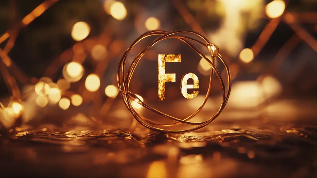 The image shows the chemical symbol for iron "Fe" formed from a circular arrangement of thin wires against a blurry background of warm, golden light. The light casts a soft glow on the symbol, making it appear almost metallic. The background, filled with out-of-focus lights, creates an abstract and ethereal atmosphere.