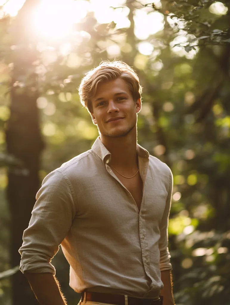 A young man with light brown hair and a light brown shirt stands in a forest. The sunlight filters through the trees, casting a warm glow on the scene. He smiles slightly, looking directly at the camera. The background is blurred, creating a sense of depth and intimacy. His golden necklace adds a subtle touch of elegance.  The overall mood is calm and peaceful.