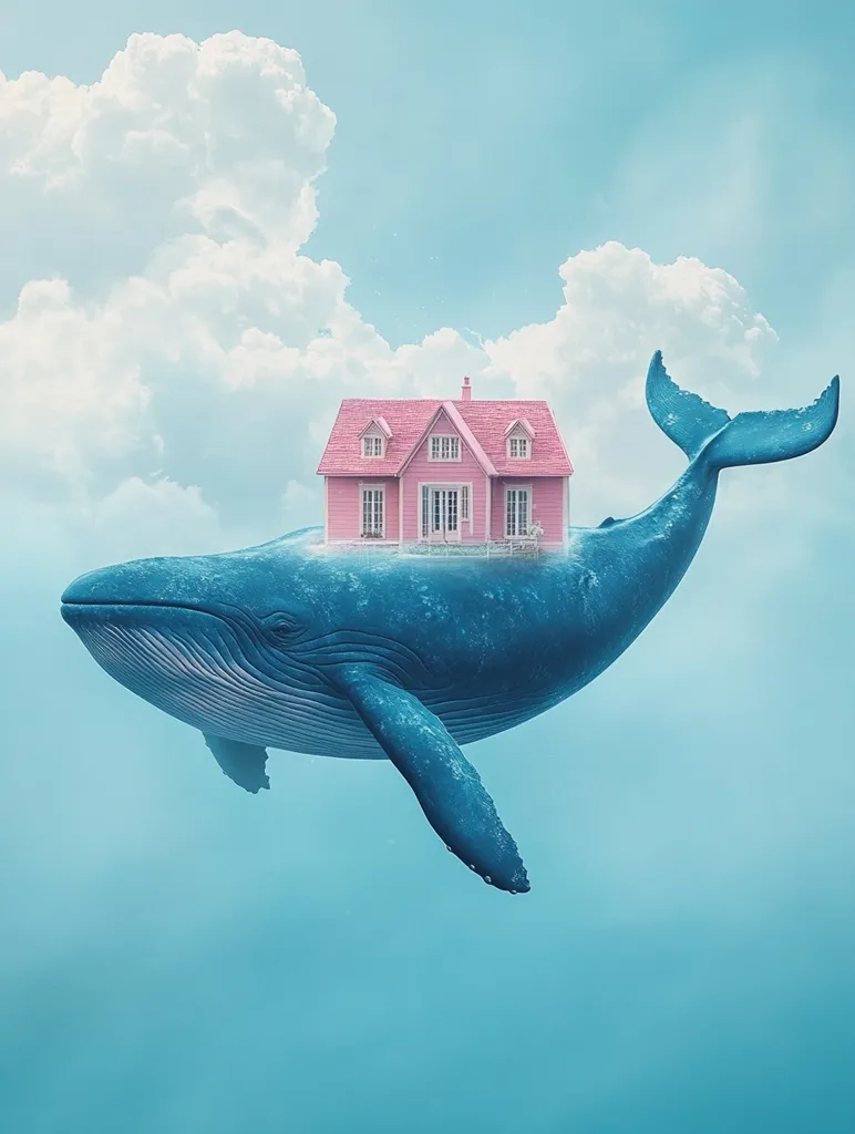 The image depicts a blue whale swimming in the sky, with a pink house perched on its back. The whale's tail fin is raised, and its body is partially submerged in the fluffy white clouds that drift across the azure sky. The scene is whimsical and surreal, creating a sense of wonder and possibility.