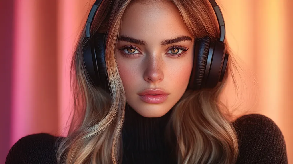 A young woman with long, wavy blonde hair is wearing black headphones. Her eyes are looking directly at the camera, and she has a soft, natural look. The background is a blurred, pink and orange gradient. She is wearing a black turtleneck sweater. The image is focused on the woman's face, which is illuminated by soft light. The overall feel of the image is calm and serene.
