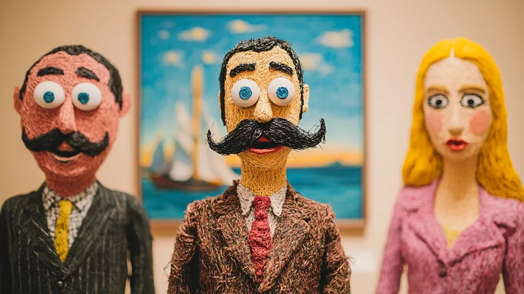 Three yarn figures are posed in front of a painting. The figure in the center is a man with a brown jacket and a red tie, while the figure on the left is a man wearing a black suit and yellow tie. The woman on the right is wearing a pink jacket. They all have large, bright eyes and a slightly whimsical look about them. The painting depicts a seascape.