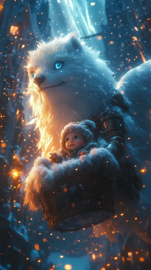 A large, fluffy white wolf with bright blue eyes carries a small child in a basket. The child is bundled in warm clothes and looks up with curiosity. The scene is set against a backdrop of swirling snow and shimmering lights. The wolf's fur glows with an inner light, creating a sense of warmth and protection. The image evokes a feeling of magic and wonder, perhaps depicting a journey through a winter wonderland.