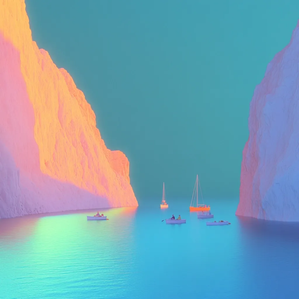 The image depicts a serene scene of a turquoise lagoon nestled between two towering, pastel-colored cliffs. The water is calm and reflective, reflecting the vibrant colors of the sky and cliffs. A few small boats are scattered across the water, adding a touch of activity to the peaceful scene. The overall atmosphere is one of tranquility and beauty, creating a sense of escape and wonder.