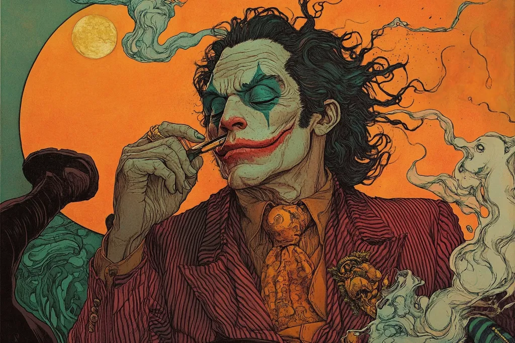 A man with long, dark hair and a painted-on smile is depicted in a comic book-style illustration. He wears a red and gold striped suit and a tie with intricate detail. He holds a cigarette in his right hand and there is smoke around his head and in the background. The background is orange and features a bright yellow moon.  The man's expression is one of amusement.