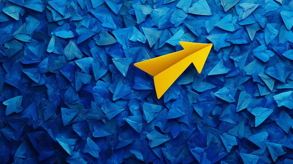 A vibrant yellow paper airplane stands out against a background of countless blue paper airplanes. The yellow airplane points upwards, contrasting sharply with the blue, creating a dynamic visual effect. The image conveys a sense of individuality, standing out from the crowd, and pursuing a unique path.