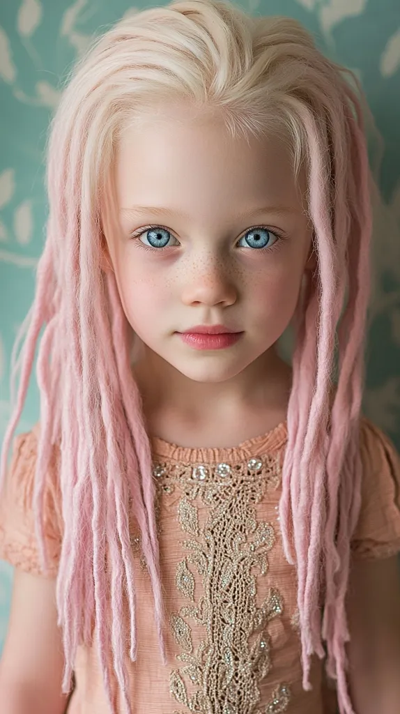 Close-up portrait of an albino girl with beautiful, big blue eyes, hair in pastel pink dreadlocks with silver beads, wearing an intricate lace dress made from orange silk with ornate details in pastel colors, in the style of Natalia Drepina and Zhang Jingna. The lighting is a soft, light turquoise and white, with pastel colors and neon lights. --ar 9:16 --s 200 --c 45 --v 6.1